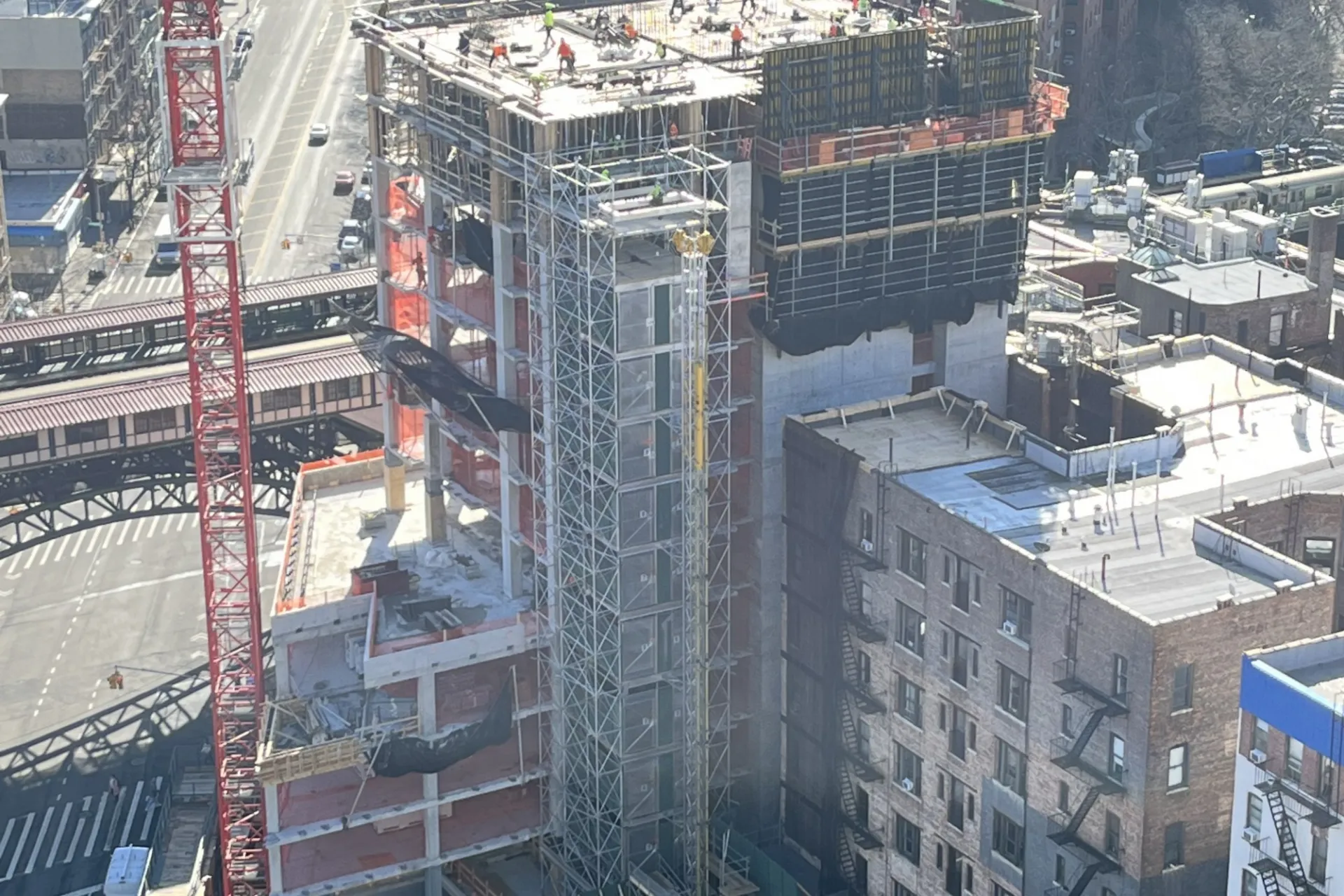 An aerial view of the 600 W. 125th Street construction site from 125th Street looking east.