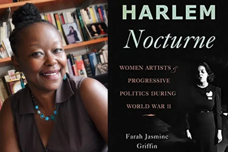 Portrait of farah griffin with book cover next to portait. 