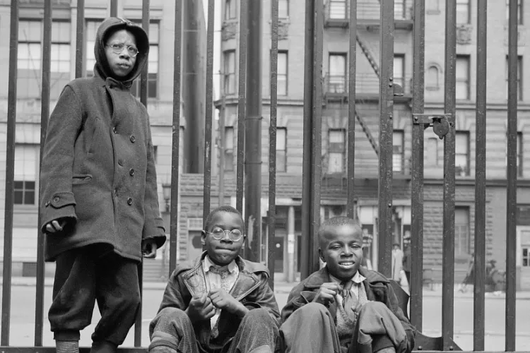 Three boys, two sitting and one standing, against a fence in Harlem. 