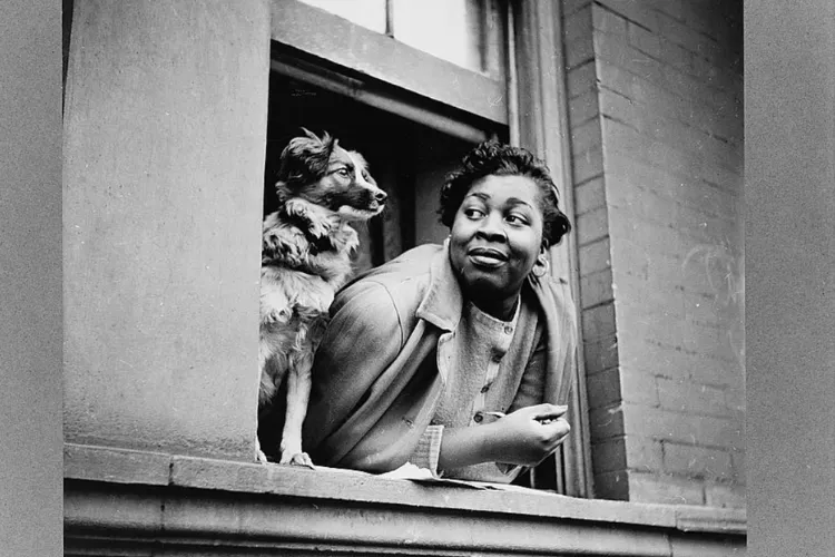 A woman and her dog look out from an apartment window in Harlem. 