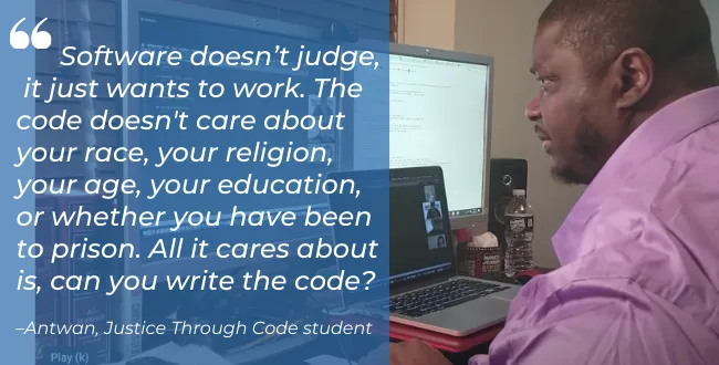 Image of man at computer and quote: "Software doesn't judge, it just wants to work."