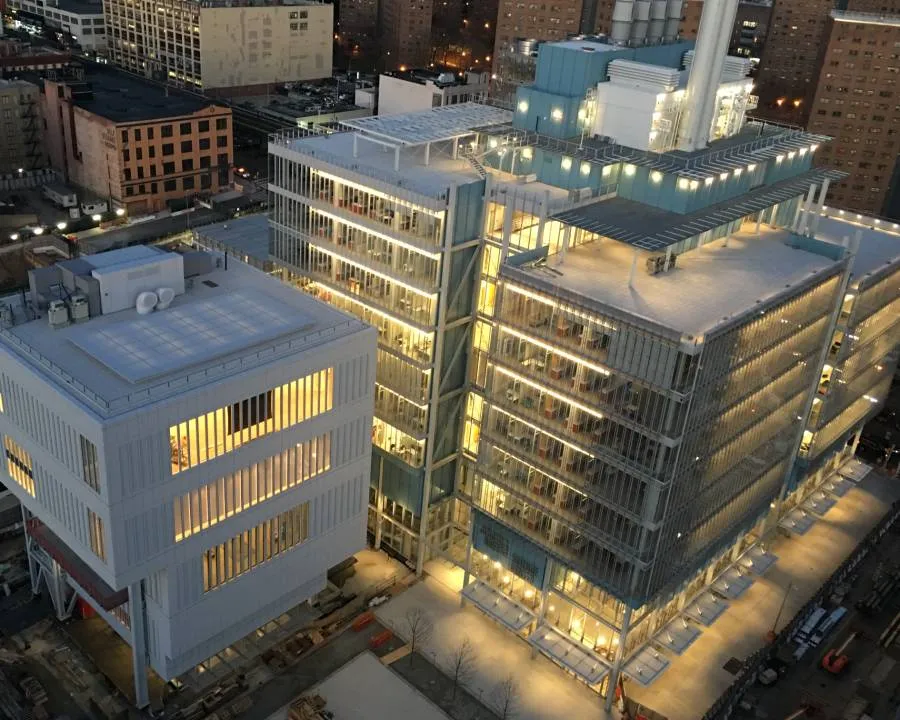 Aerial view of the Jerome L. Greene Science Center and the Lenfest Center for the Arts.
