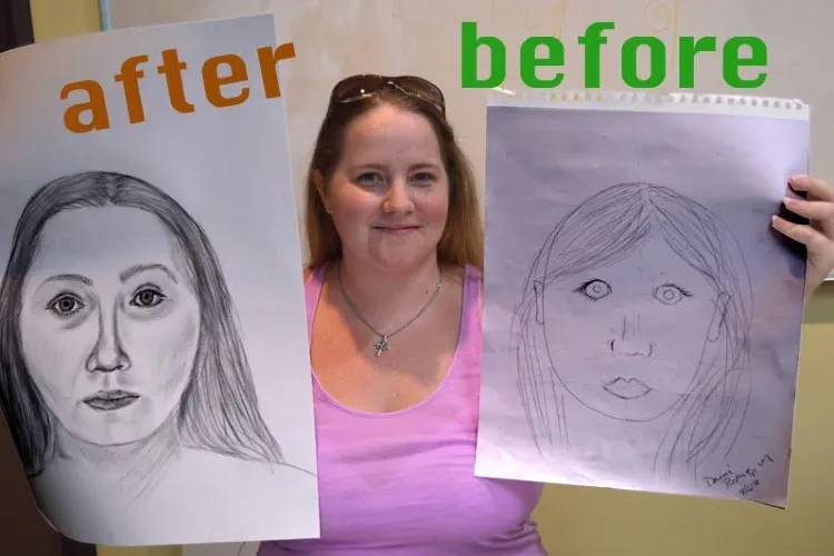A woman in a pink shirt holding up two portraits, one labeled "before" and one labeled "after."