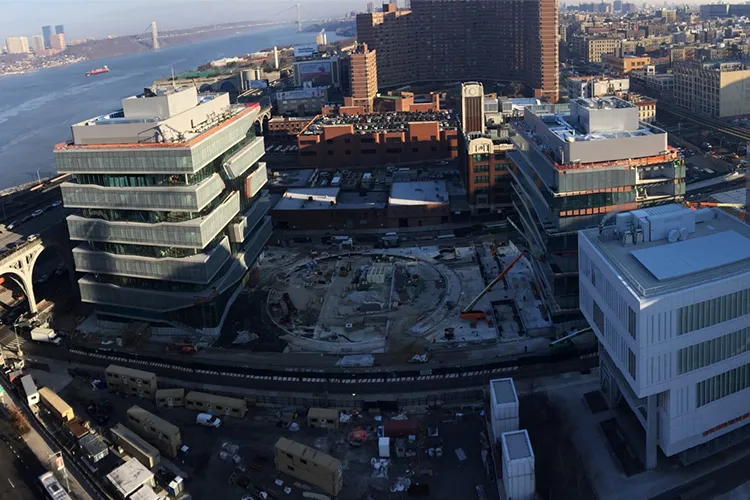 Aerial view of Columbia Manhattanville campus construction site. 