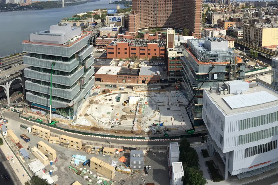 Aerial view of Columbia Manhattanville campus construction site. 