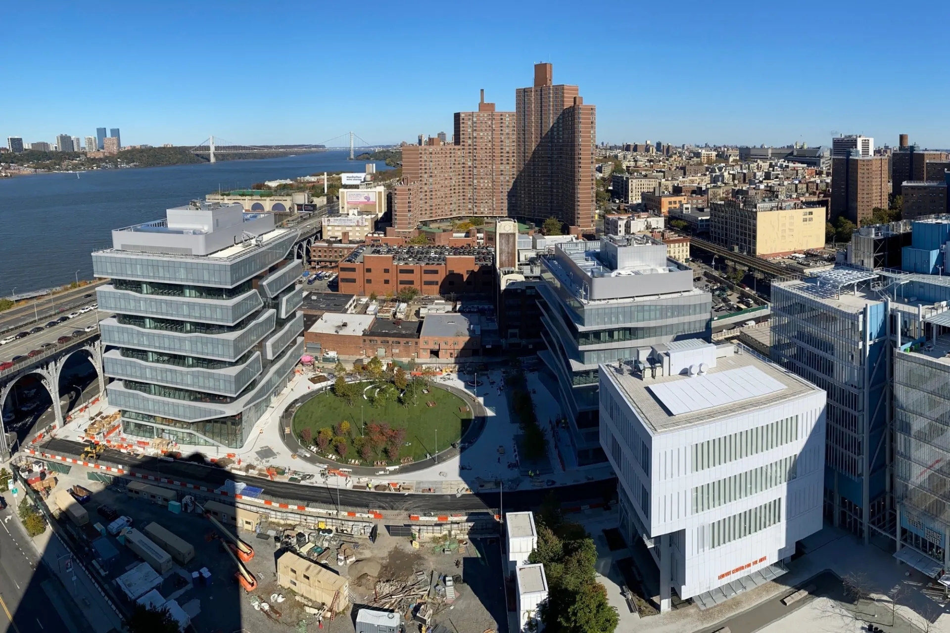 Aerial view of Columbia Manhattanville campus construction site.  
