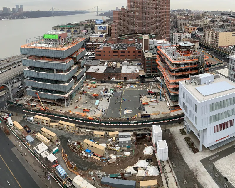 Aerial view of Columbia Manhattanville campus construction site.