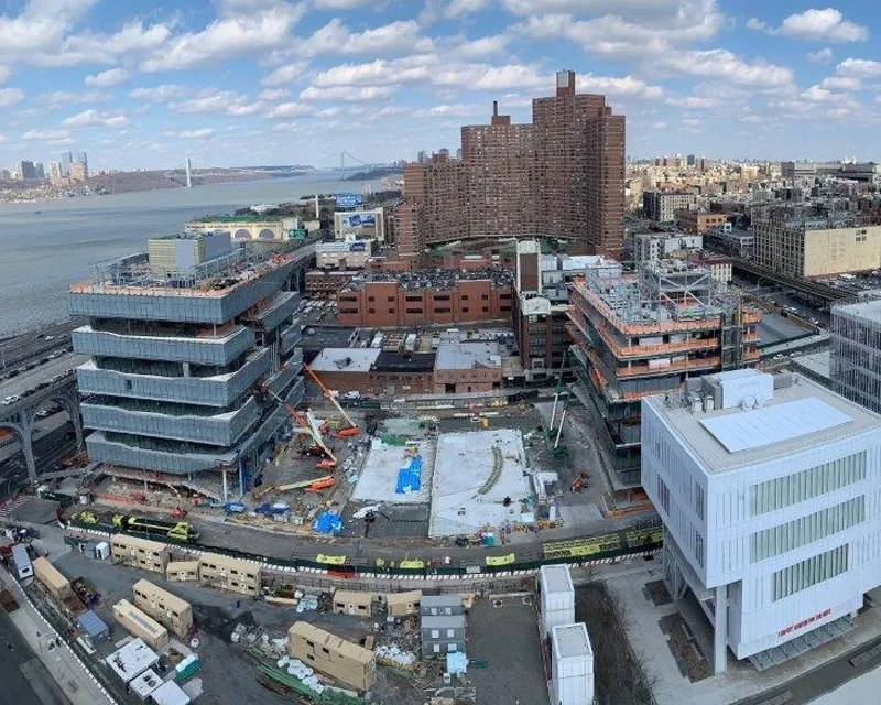 Aerial view of Columbia Manhattanville campus construction site.