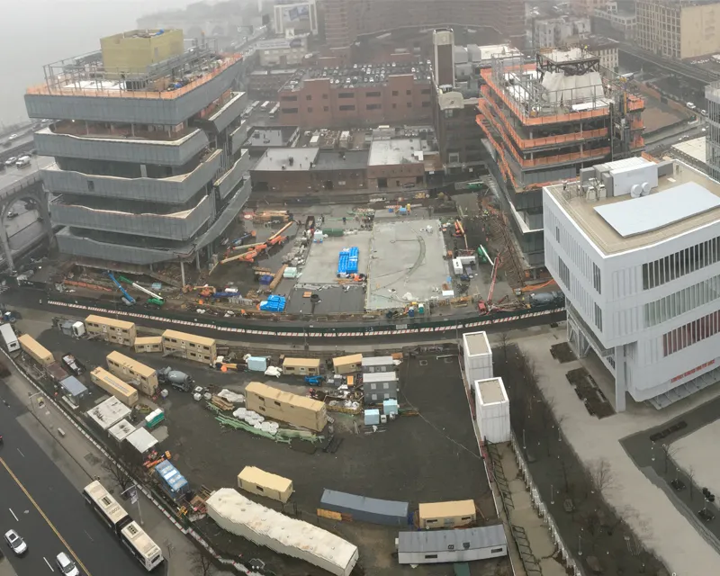 Aerial view of Columbia Manhattanville campus construction site.