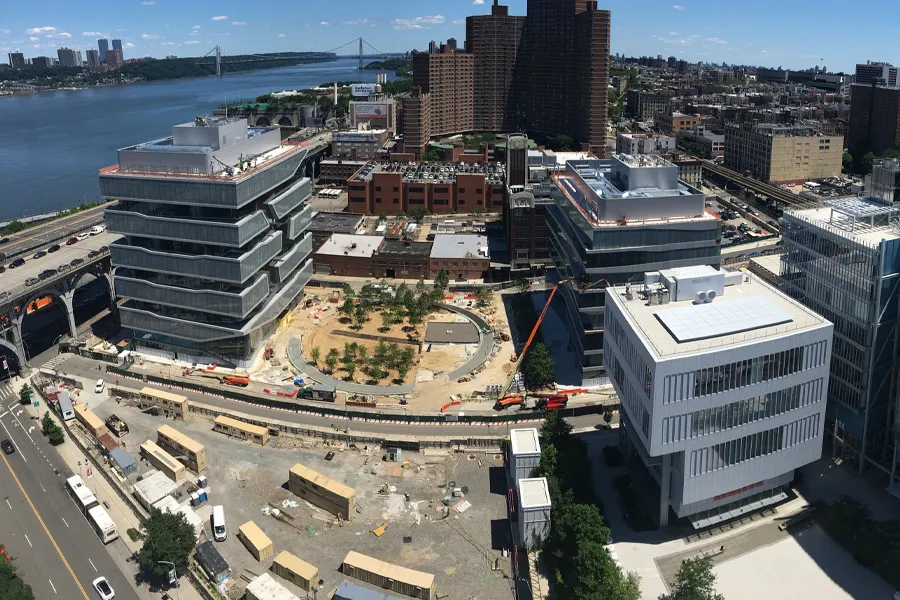 Aerial view of Columbia Manhattanville campus construction site. 