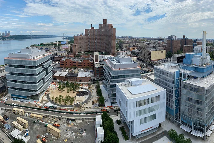 Aerial view of Columbia Manhattanville campus construction site. 