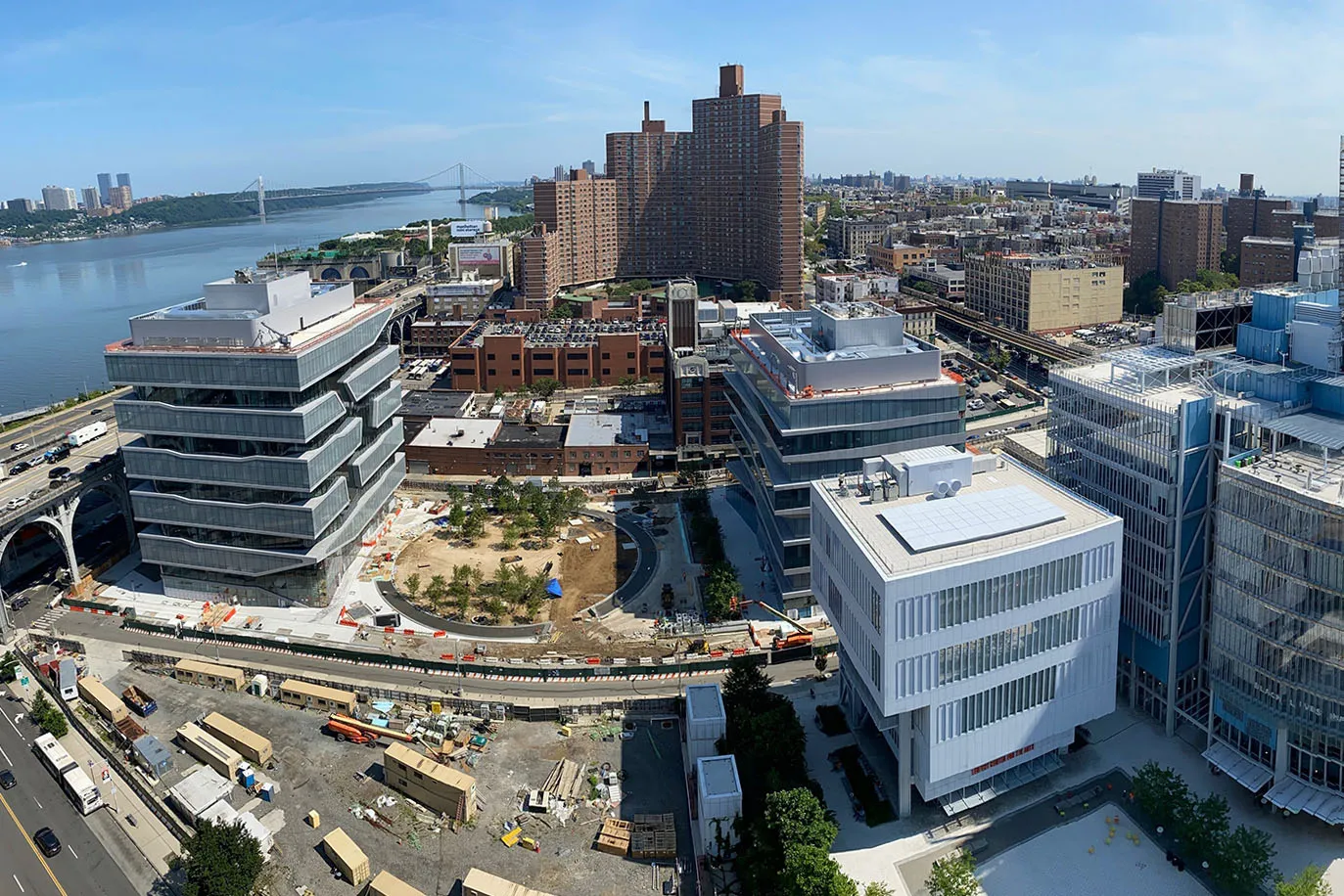 Aerial view of Columbia Manhattanville campus construction site. 