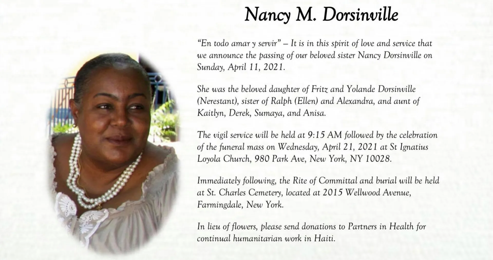 Funeral card with information found on the facebook event listed above. 