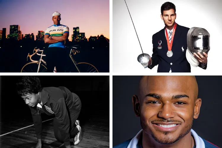 Cyclist Nelson Vails, Fencer Tim Morehouse, Track and field athlete Lillian Greene-Chamberlain, and Gymnast John Orozco. Photo credits: Smithsonian American Art Museum, New York Family, Colorado State University Libraries, Archives & Special Collections, and USA Gymnastics.