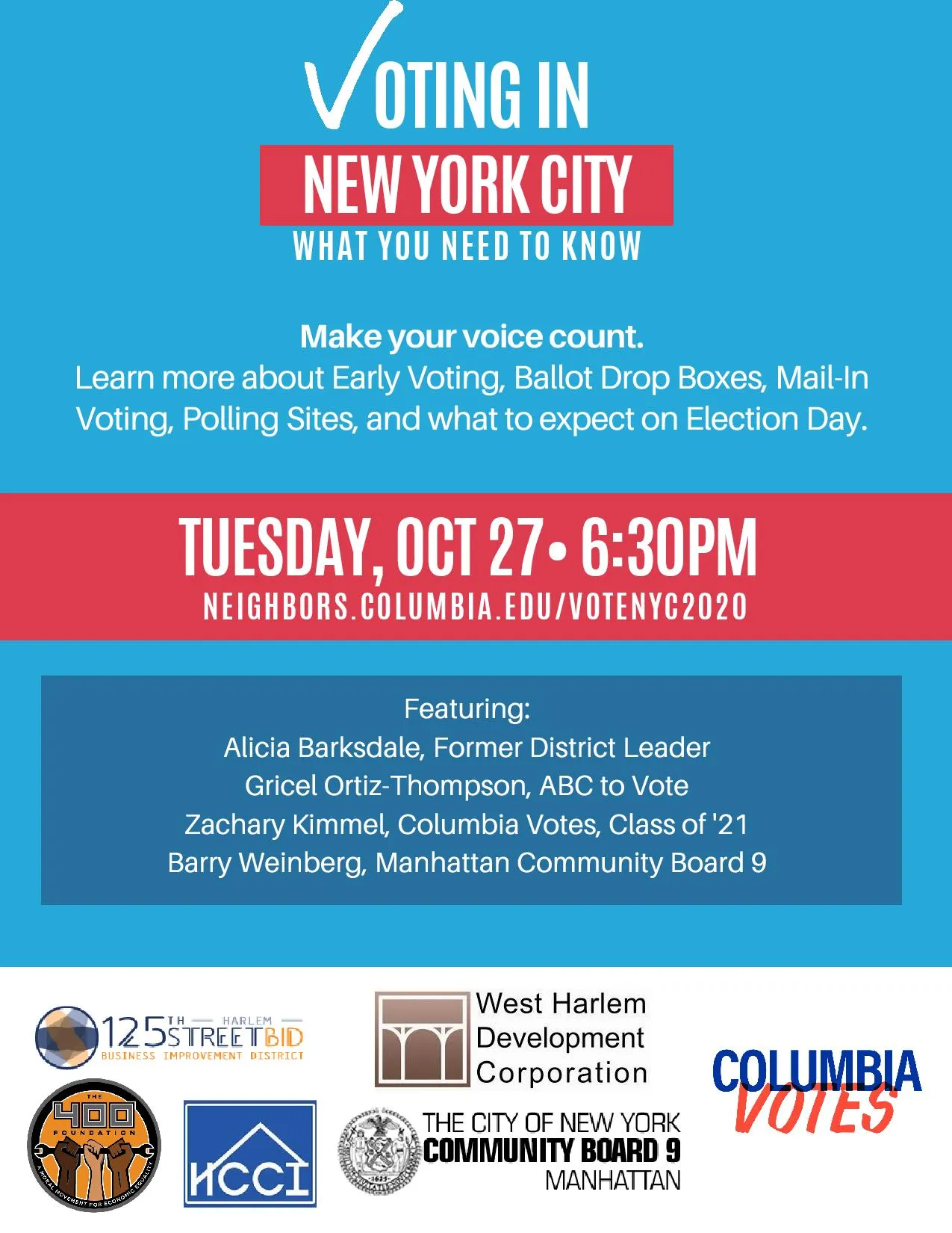 flyer for event with information with red white blue
