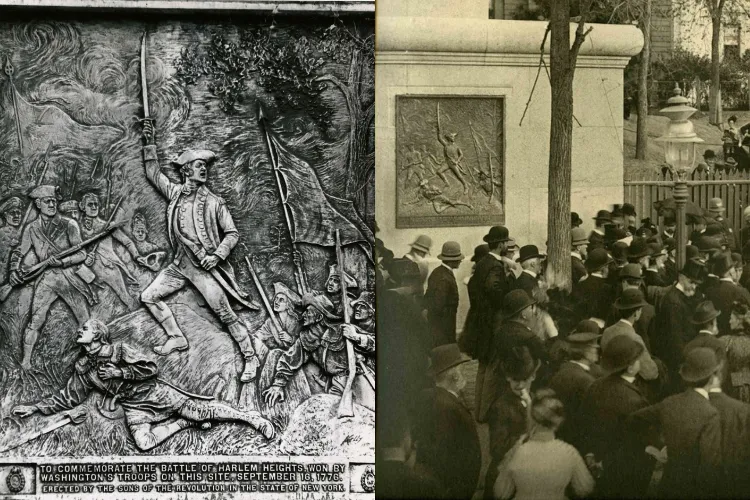 Pictured left: The Battle of Harlem Heights plaque on Broadway. Photo Credit: Office of Public Affairs Records, Columbia University Archives. Pictured right: The installation of the plaque commemorating the Battle of Harlem Heights circa October 1897. Photo Credit: Columbia University Libraries