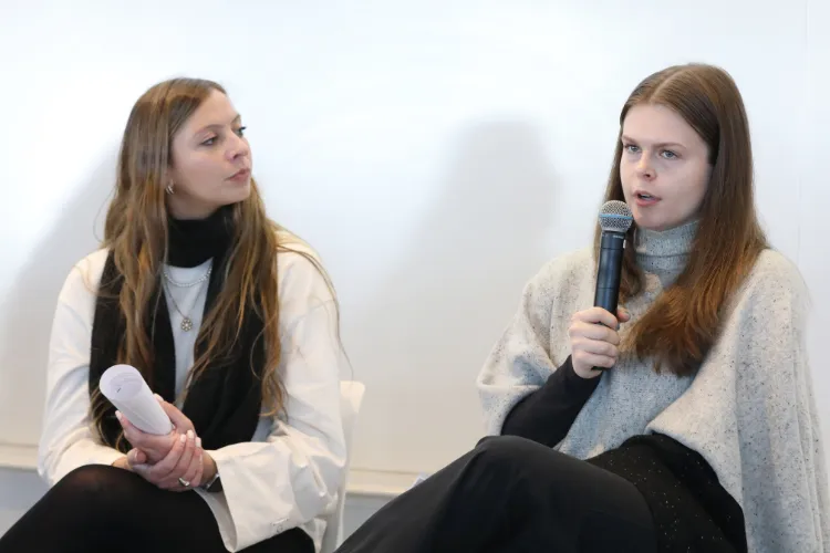 Juliana Morales (BUS’25) and Audrey Batcheller (BUS’26) shared insights at Columbia Business School Community Impact Club’s Figure Skating in Harlem workshop. Photo credit: Michael DiVito