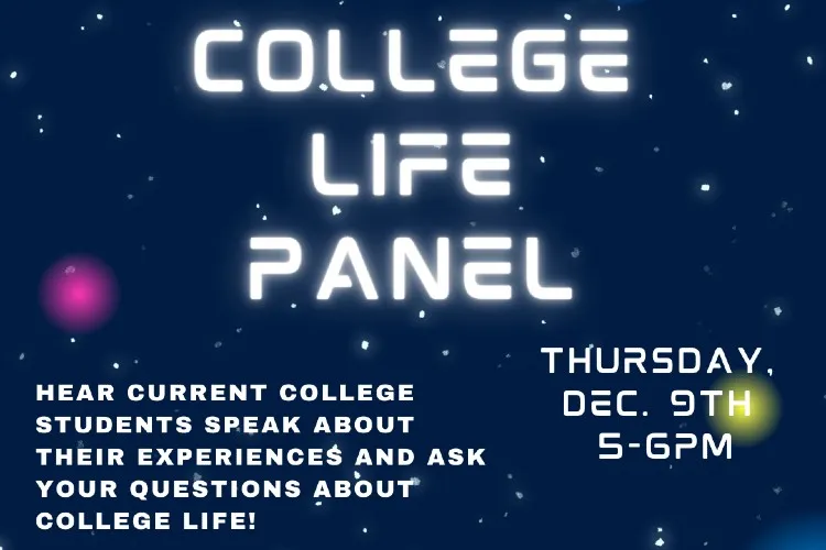 Image with info about college life panel (detailed below)