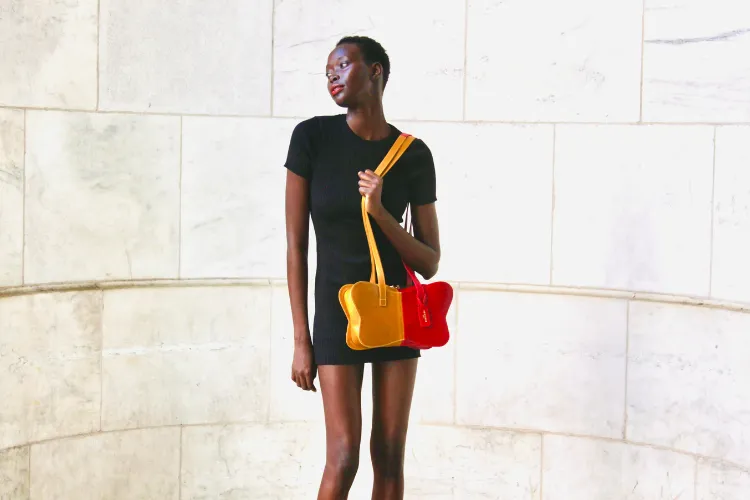 The sustainably made statement pieces featured in the Couleurs NY collection are ethically sourced from discarded farm animal hides. Photo credit: Couleurs NY