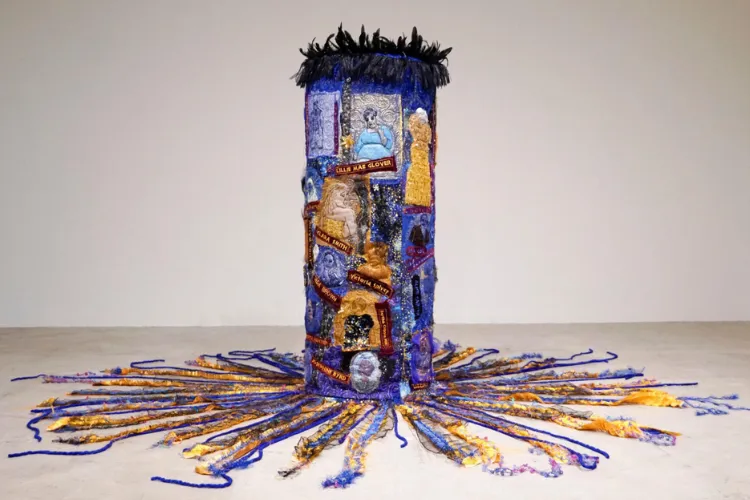 Dindga McCannon, Blues Queens, 2021. Mixed media quilt, 54 x 118 inches. Photo credit: Wallach Art Gallery