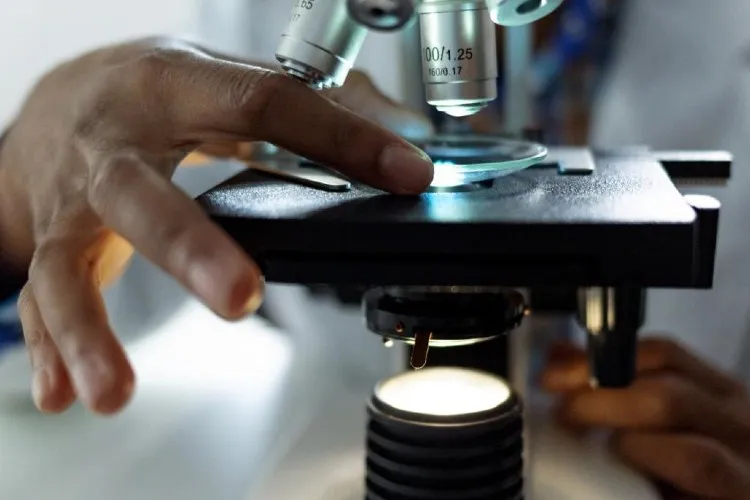 A hand holding an object under a microscope.