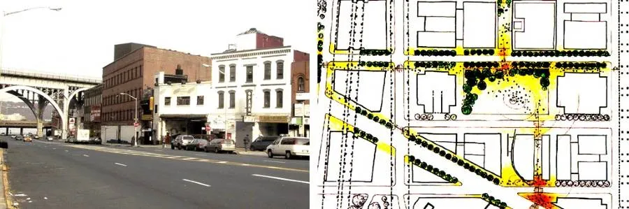 Left: 125th Street looking NW from Broadway to Riverside Drive viaduct, circa 2003; right: early sketch of campus greening plan.
