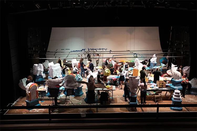 An aerial view of the Miller Theater stage with lanterns on it. 