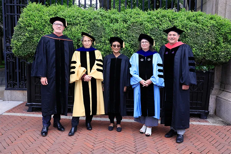 The Climate School deans gather with environmental justice advocate Peggy Shepard (center). Deans, from left to right: Alex Halliday, Ruth DeFries, Maureen Raymo, and Jason Bordoff