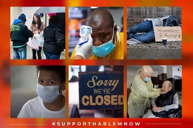 Collage of images of people with masks looking concerned with #saveharlemnow
