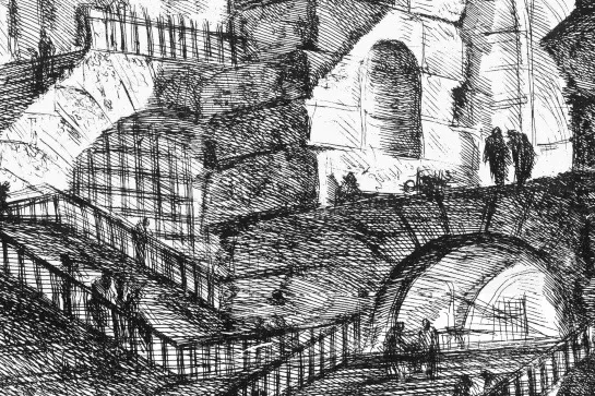 Abtsract black and white, pen and ink drawing of many grand staircases at a courthouse