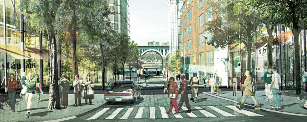 A view of West 131st Street and Broadway, looking west, illustrates tree-lined streets with improved access to West Harlem Piers waterfront park.
