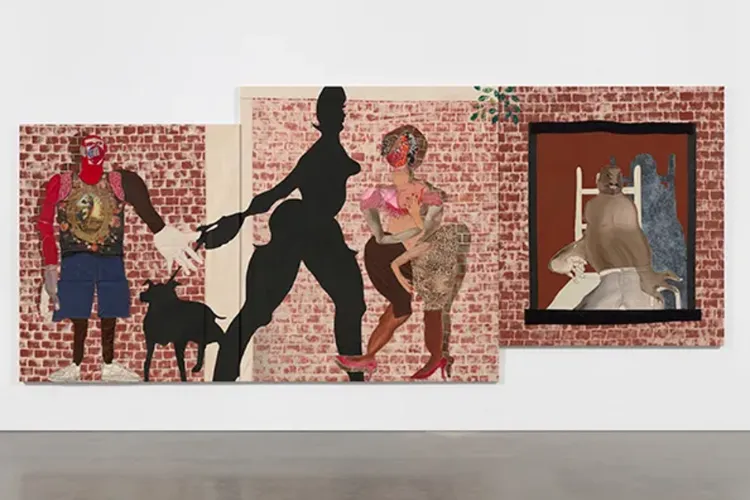Tschabalala Self, "12pm on 145th Street," 2022. Jean fabric, digitally printed t-shirt, velvet, lace, tulle, painted canvas, dyed canvas, acrylic and Flashe on canvas. 96’’ H x 228’’ W. Photo credit: Tschabalala Self/Petzel Gallery.