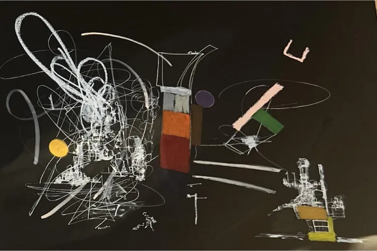 Renee Gladman, Untitled, 2024. Gouache, pastel, and ink on paper. 36 x 50 in. (91.4 x 127 cm). Courtesy of the artist.